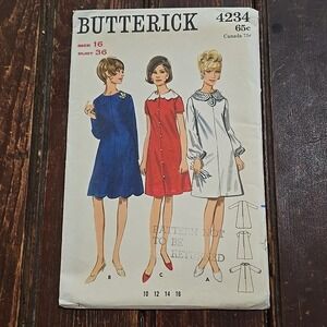 60's Butterick 4234 Misses MOD Tent Dress Sewing Pattern Size 16 Bust‎ 36 Uncut